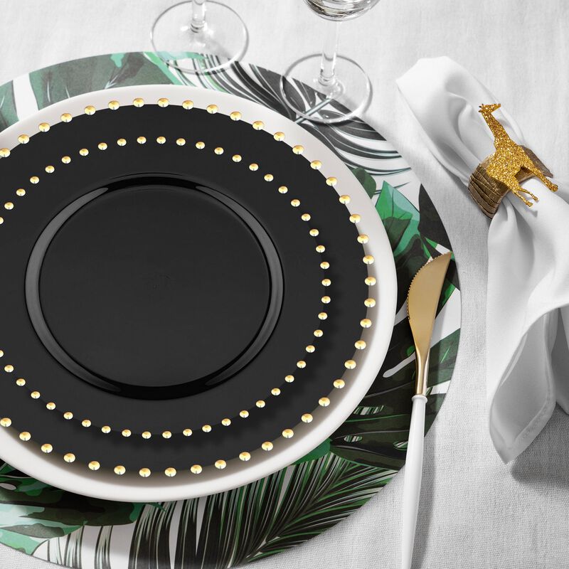 Black with Gold Pearl String Round Plastic Dinnerware Value Set (60 Sets) image number 8