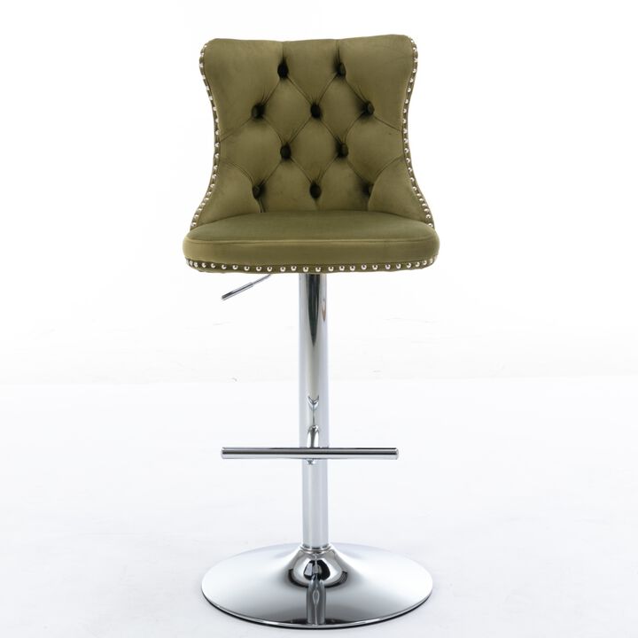 Streamdale Swivel Velvet Barstools, Adjustable Height, Set of 2, Olive Green