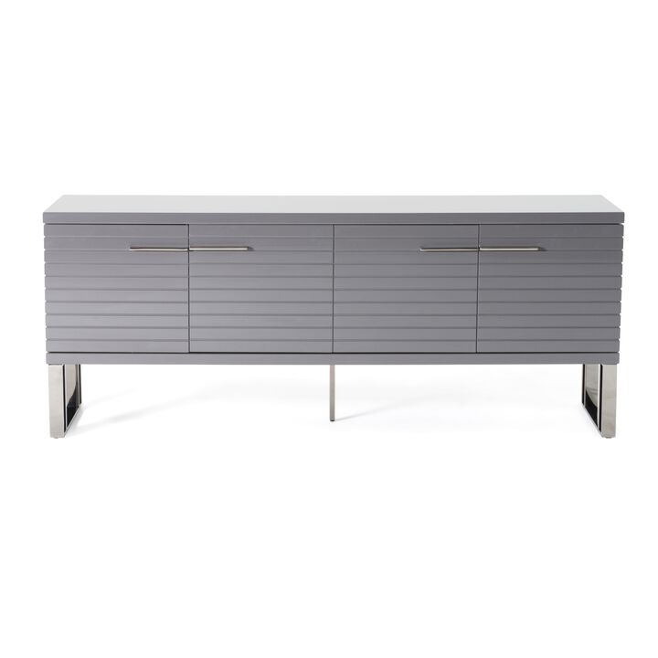 Cid Resu Sideboard Buffet Cabinet, 4 Doors w Slatted Design, 79 Inch, Glossy Gray