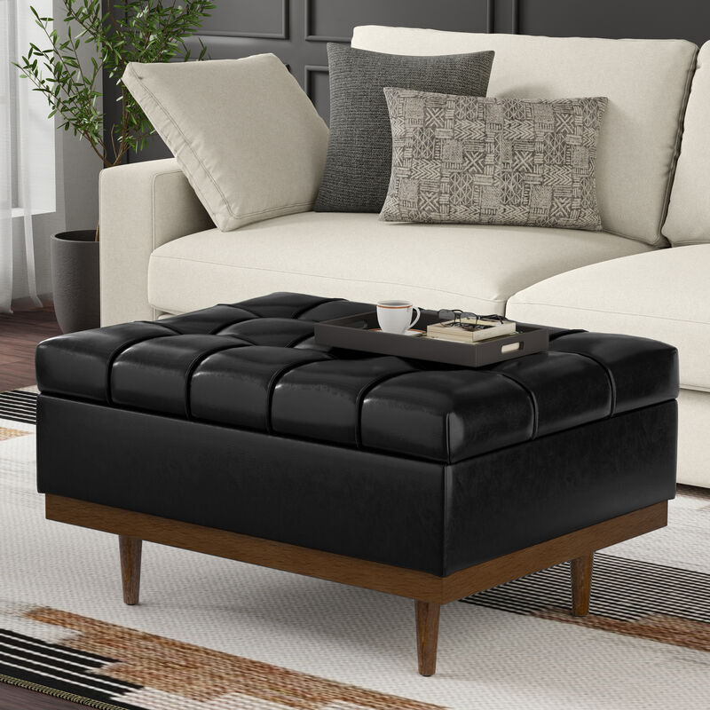 Mariah 34 inch Wide Contemporary Rectangle Coffee Table Storage Ottoman in Midnight Black  PU Black faux leather, Assembled