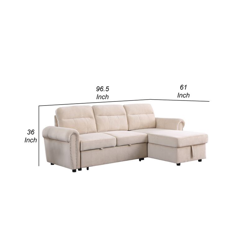 Irma 97 Inch 2 Piece Sectional Sofa, Pull Out Bed, Rolled Arm, Beige Velvet-Benzara