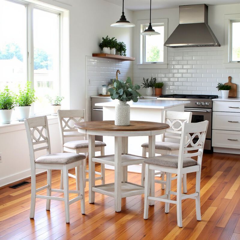 Brown Round Kitchen Table and Chairs for 4, Farmhouse 5 Piece Dining Set image number 1