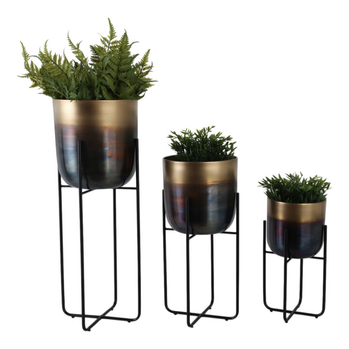 S/3 15/20/27" Ombre Metal Planter On Stand, Gold/b