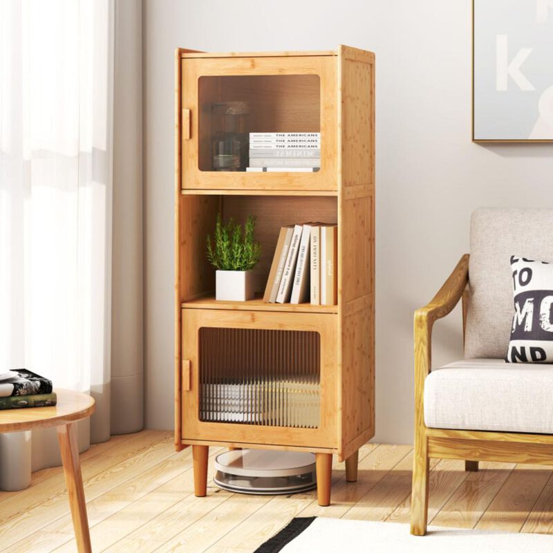 Hivvago 3-Cube Bamboo Storage Cabinet with Open Compartment and 2 Acrylic Doors