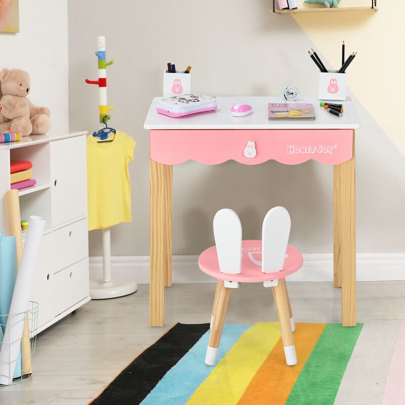 Kids Vanity Set Rabbit Makeup Dressing Table Chair Set with Mirror and Drawer