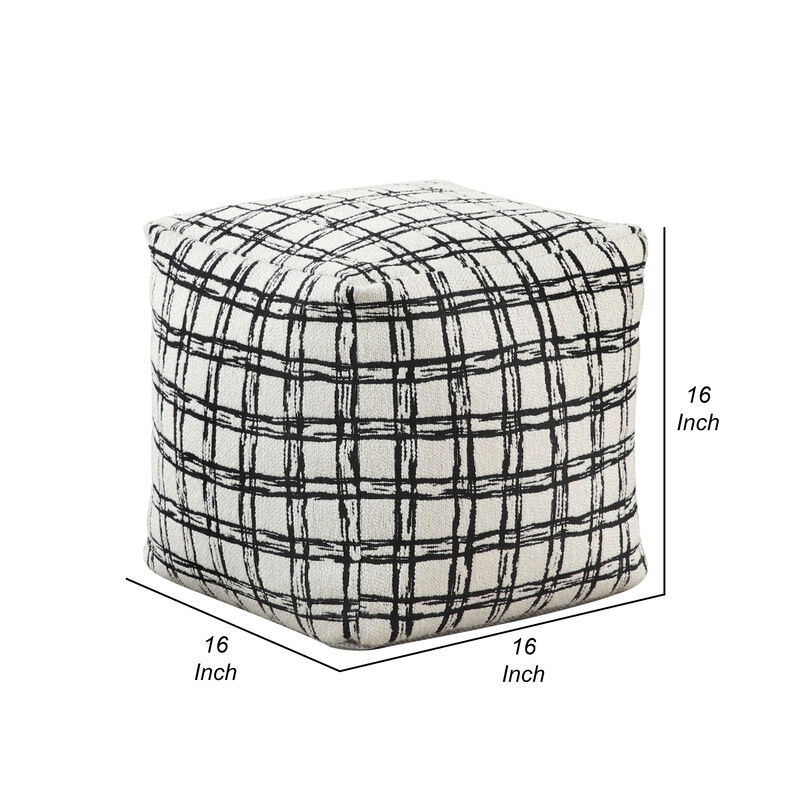 Modern Pouf Ottoman, White Black Checkered Jacquard, 16 Inch Square