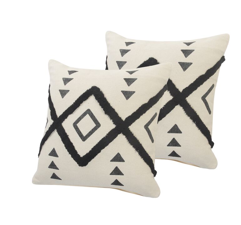 HomeRoots Set of Two 20" Natural And Black Geometric Cotton Throw Pillows with Texture