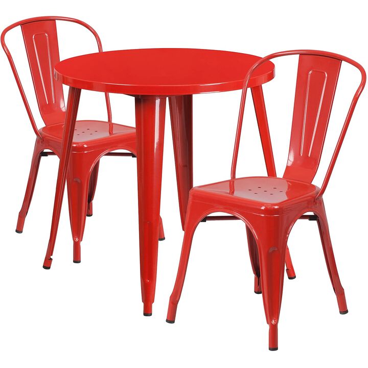 Flash Furniture Commercial Grade 30" Round Red Metal Indoor-Outdoor Table Set with 2 Cafe Chairs