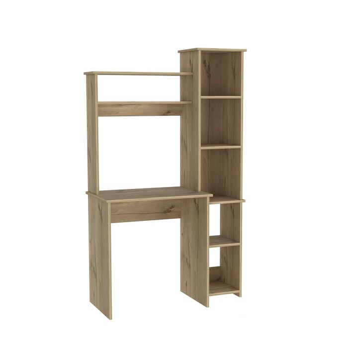 HomeRoots 39" Charcoal Wood Pedestal Computer Desk With Hutch