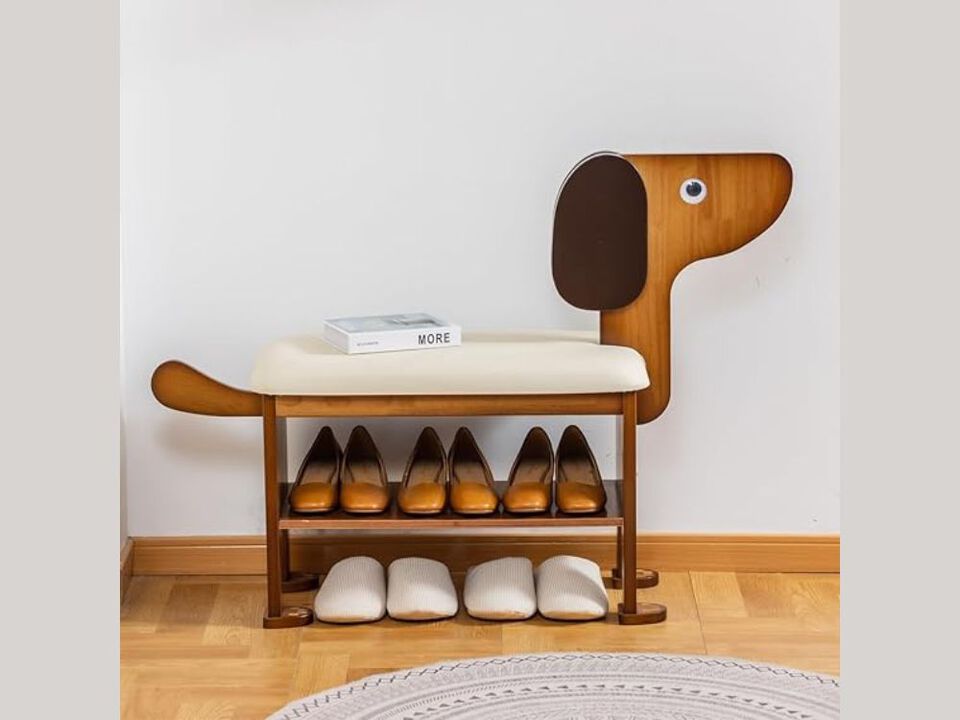 Entryway Wood Shoe Storage Bench 2 Tier 62 Inch Puppy Solid