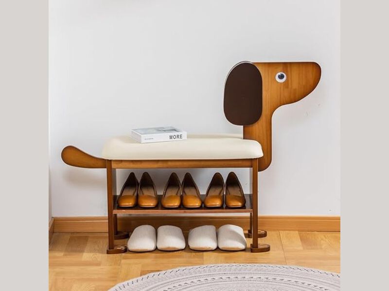 Entryway Wood Shoe Storage Bench 2 Tier 62 Inch Puppy Solid image number 1