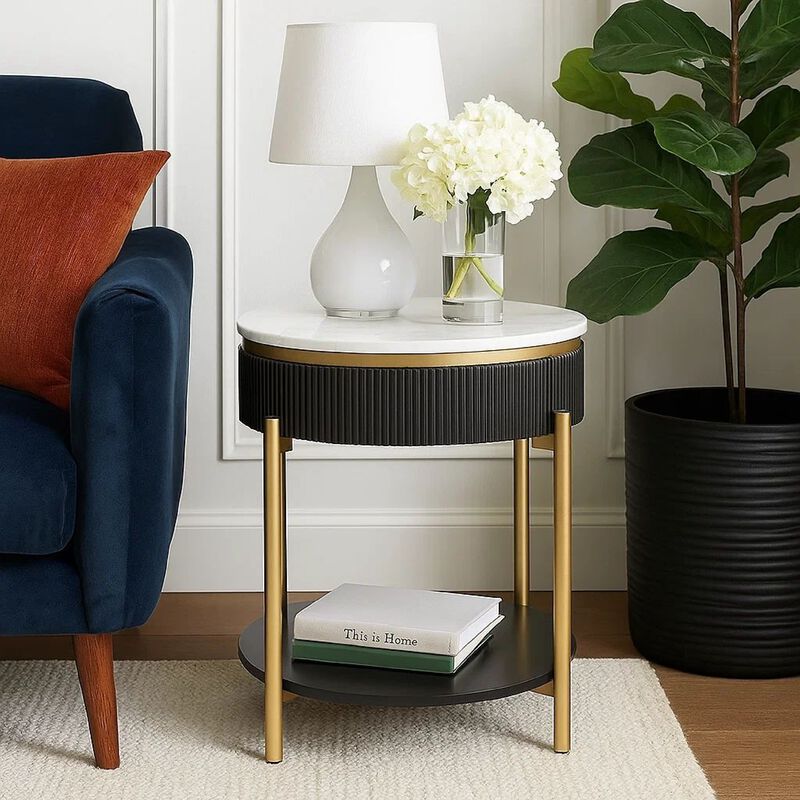 Ville 23 Inch Round Side End Table, White Faux Marble Top Brown Reeded Edge