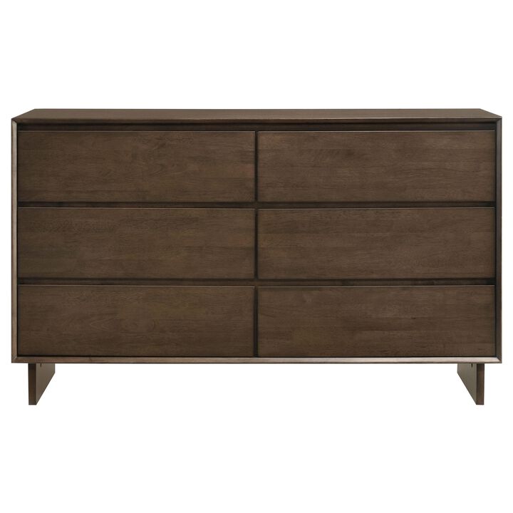 Genu Wide Dresser, 6 Drawers w Fingertip Handles, Warm Walnut Brown - Benzara