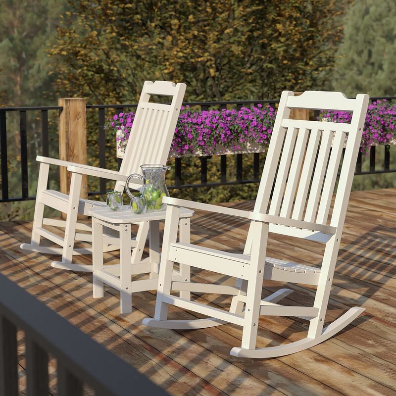 Flash Furniture Winston Set of 2 Rocking Chairs with Side Table - White Poly Resin - Weather Resistant image number 1