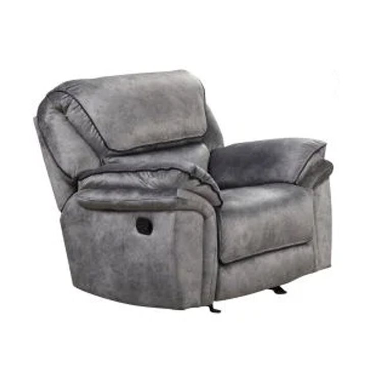 Remma Manual Glider Recliner Chair, Gray Faux Leather, Pillow Arms - Benzara