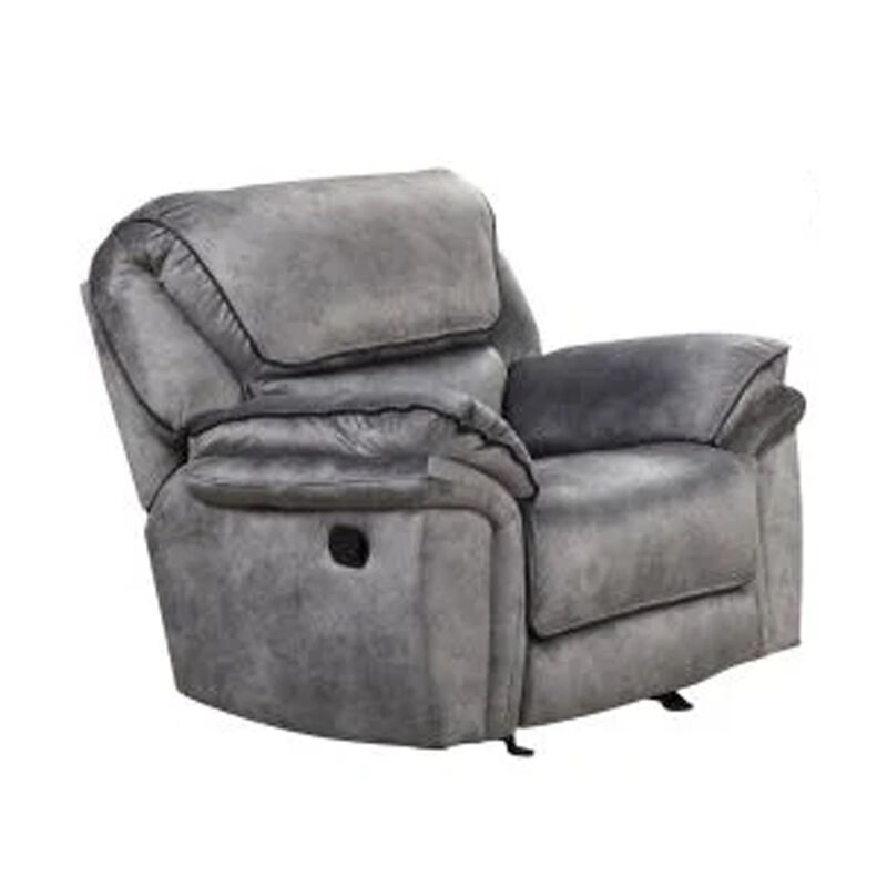 Remma Manual Glider Recliner Chair, Gray Faux Leather, Pillow Arms - Benzara