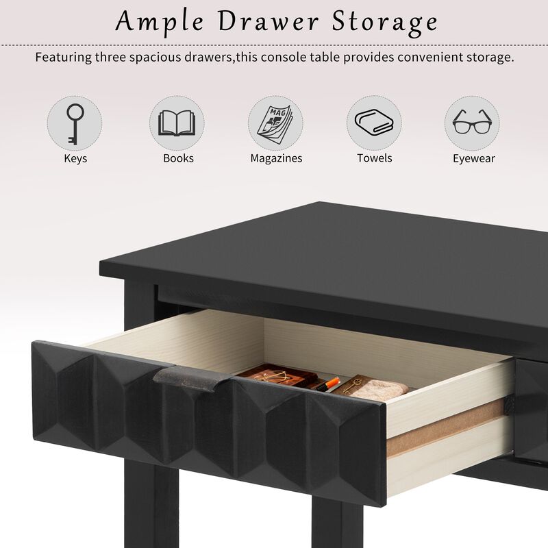 Clihome 60'' Fir Veneer Entryway Table with Honeycomb-patterned Fronts,Modern Stylish Console Table with 3 Drawers and Solid Fir legs