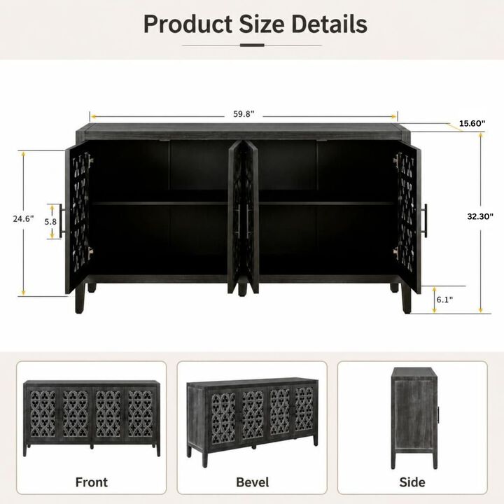 GOODSILO Four Door Hollow Antique Storage Cabinet, Versatile Wooden Storage Furniture for Living Room, Entryway, Kitchen and Dining Space