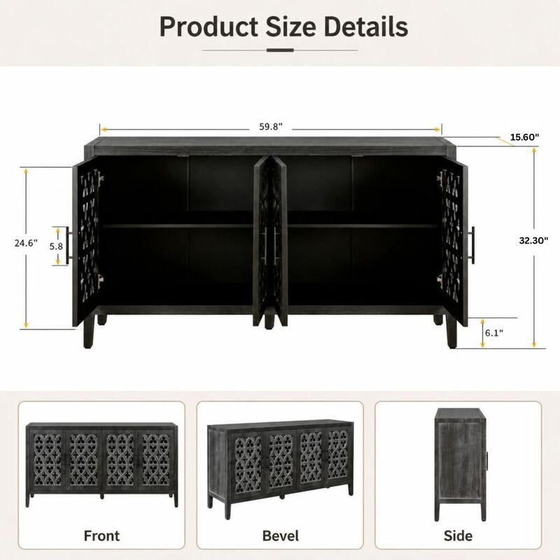 GOODSILO Four Door Hollow Antique Storage Cabinet, Versatile Wooden Storage Furniture for Living Room, Entryway, Kitchen and Dining Space image number 1