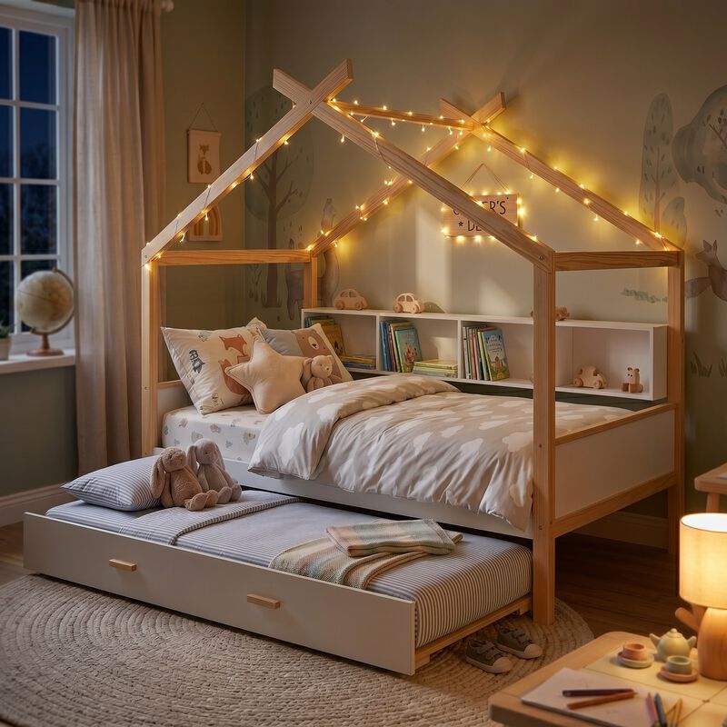 Merax win House-Shaped Kids Bed with Pull-Out Trundle, 4 Built-In Bookshelves image number 2