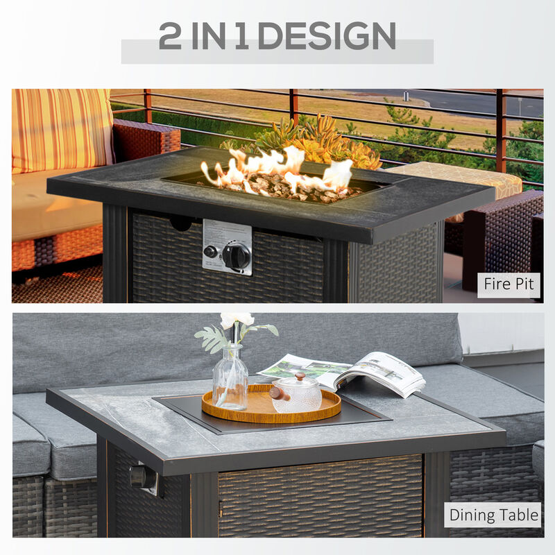 Outsunny 30 Inch Outdoor Propane Gas Fire Pit Table, 50,000 BTU Auto-Ignition Square Wicker-effect Gas Firepit with Ceramic Tabletop, Lid, Lava Rocks & Rain Cover, CSA Certification