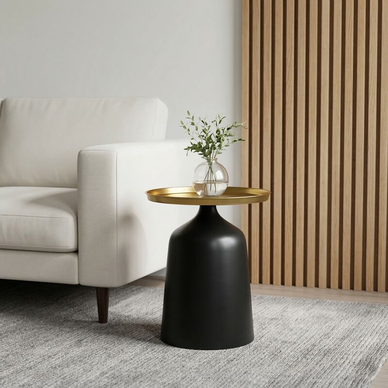 Luxury Metal Pedestal Table with Gold Tray Top & Matte Black Base image number 2