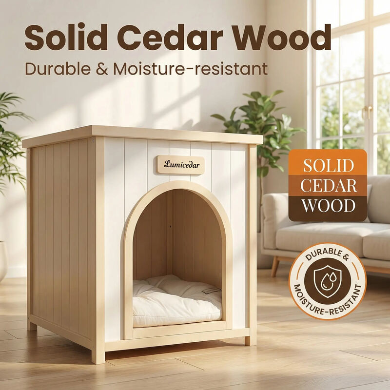 Cream Yellow Flat Roof Pet House, Solid Wood Indoor Shelter for Small Cats & Dogs image number 6