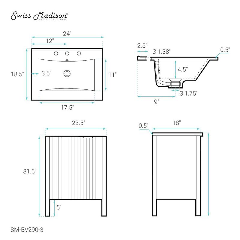 Bastille 24 in. White Bathroom Vanity with 3-Hole Ceramic Sink Top image number 4