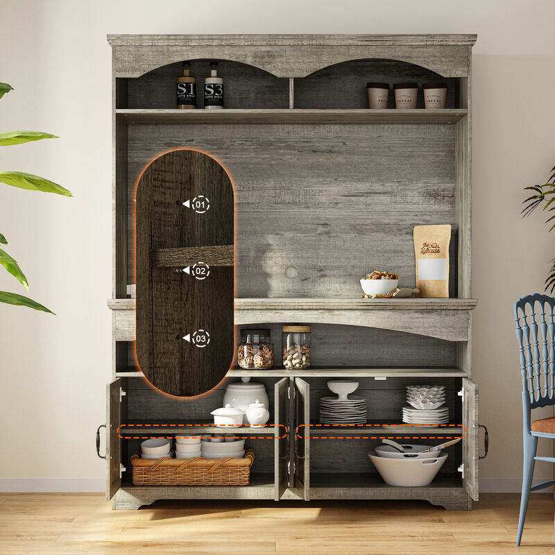 FUFU&GAGA Modern Sideboard Storage Cabinet with 4 Doors & Open Shelves, Antique Bronze Handles, Adjustable Shelves, Elevated Base, (53.7 in. W x 15.1 in. D x 70.9 in. H), Gray