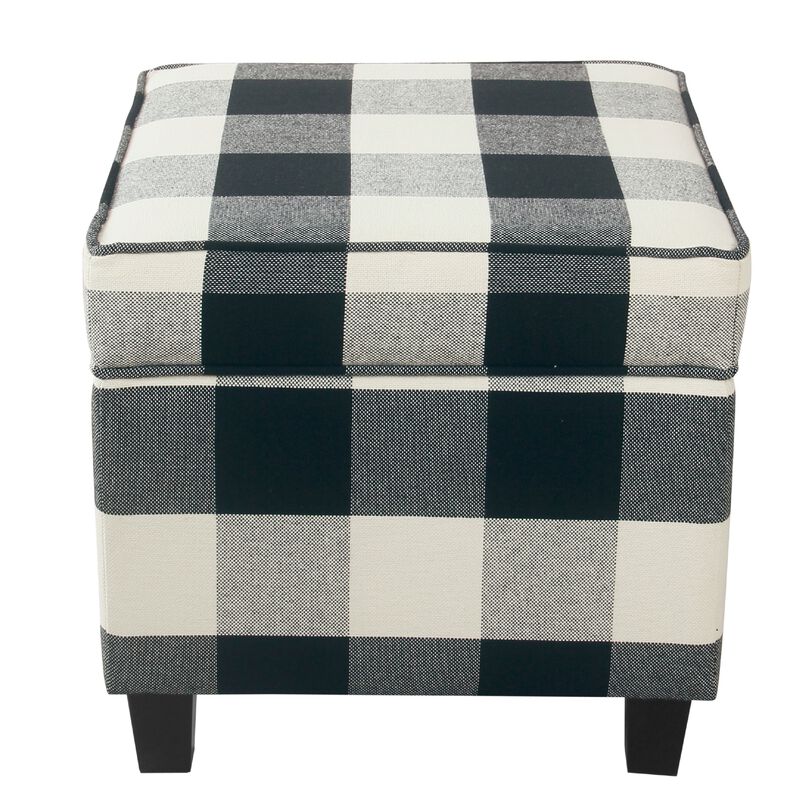 Pyp Square Storage Ottoman, 18 Inch Black Plaid Cotton, Ebony Legs - Benzara image number 0