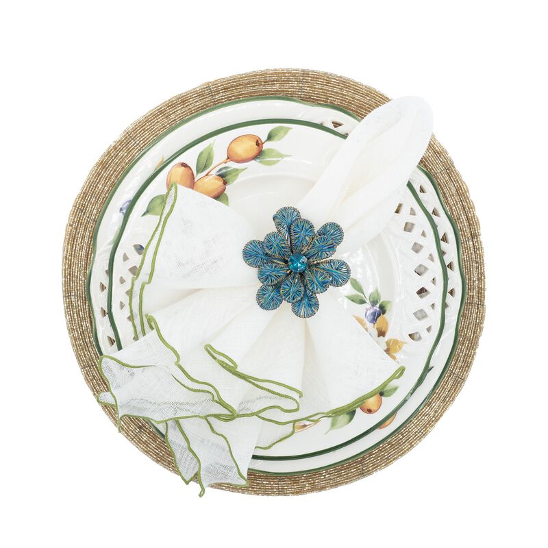 Linen Napkins With Green Ruffled Edges, Set of 4