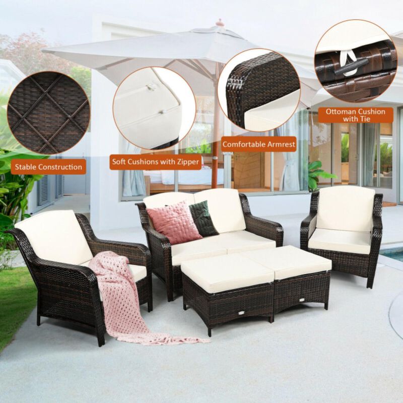 Hivvago 5 Pieces Patio Rattan Sofa Set with Cushion and Ottoman