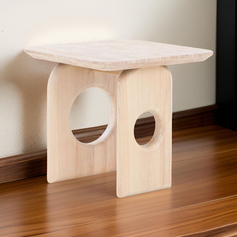 Aky 22 Inch Side End Table, Square Marble Top, Open Frame, Natural Brown image number 1