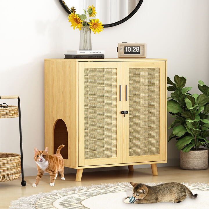 Cat Litter Box Enclosure with Lock Sisal Door, Modern Hidden Litter Box Furniture Cat Washroom Storage for Living Room