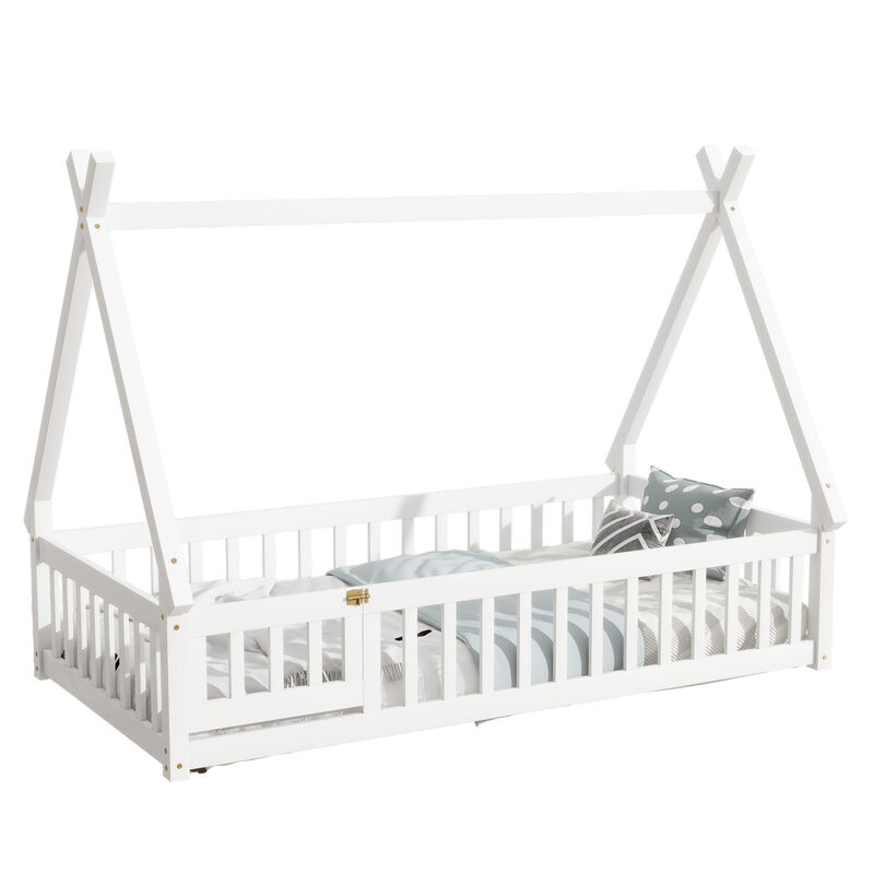 Whisen Wooden Teepee Tent Bed with Guardrails and Slats, Twin Floor Bed with Door for Kids image number 0
