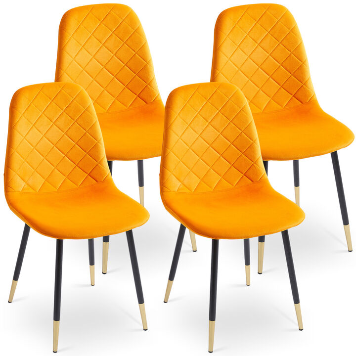 Orange Velvet Tufted Accent Chairs with Golden Color Metal Legs, Modern Dining Chairs for Living Room, Set of 4
