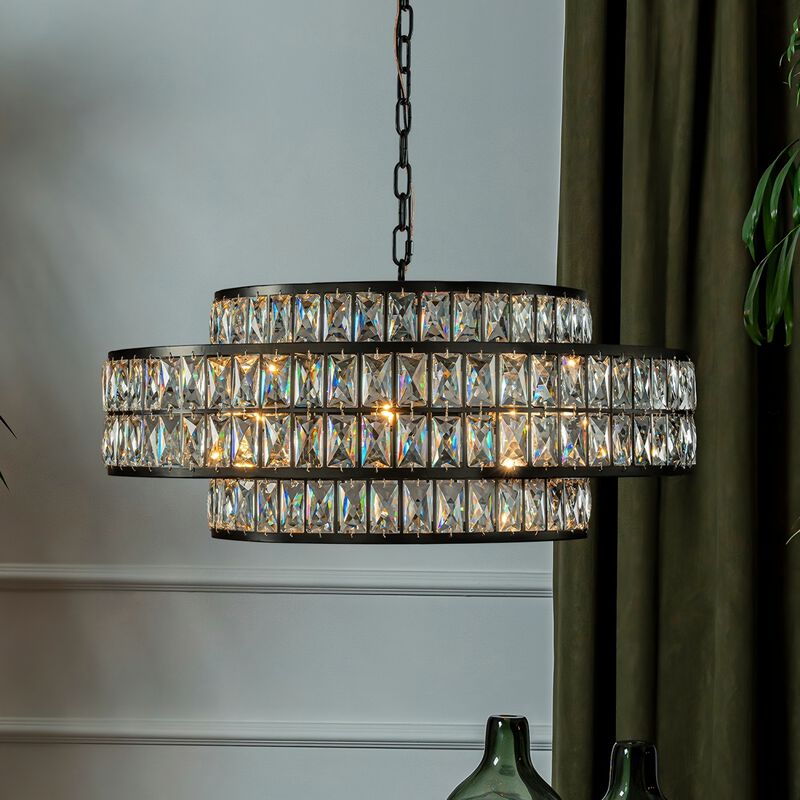Large Crystal Matte Black Drum Chandelier Modern Glam Lighting Fixture for Dining Room Living Room image number 1