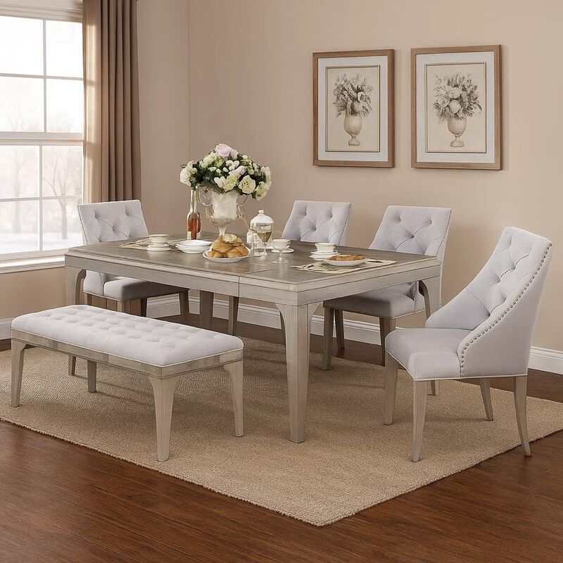 Jamie 6pc Dining Table Set with 4 Chairs and Bench, Silver-Light Gray image number 6