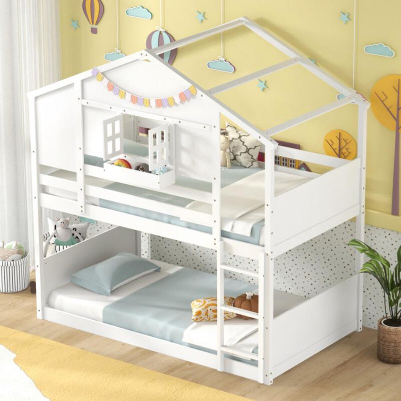 Hivvago Twin Over Twin Bunk Bed for Kids with Roof and Lockable Window