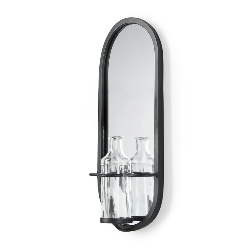 HomeRoots 19" Black And Clear Glass Bottle Metal And Mirrored Glass Oval Wall Vase image number 0