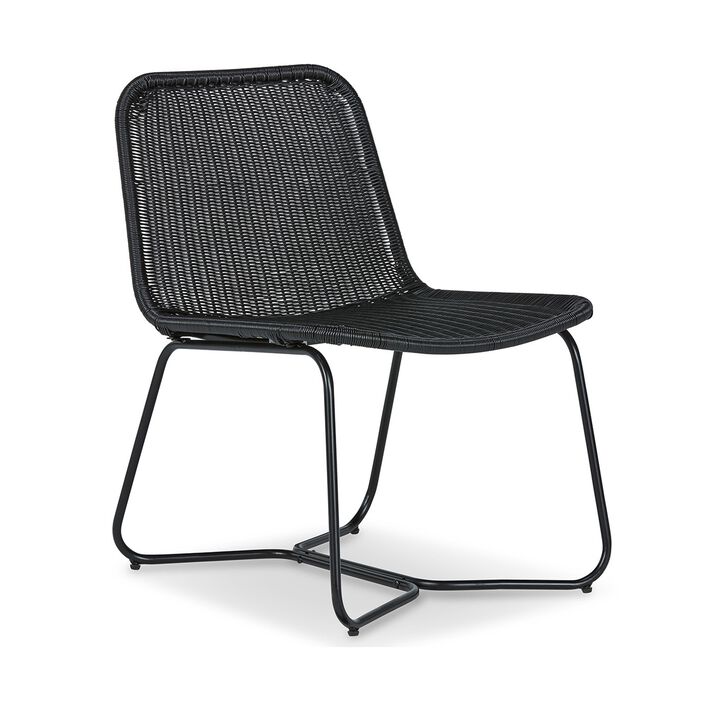 26 Inch Accent Chair, Indoor Outdoor Resin Wicker Design, Black Metal Frame - Benzara