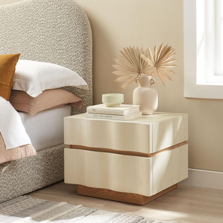Modway Isola 22 Inch Wood Nightstand in White Light Oak - Accent Side End Table with 2 Wave Front Drawers for Bedroom or Living Room Storage