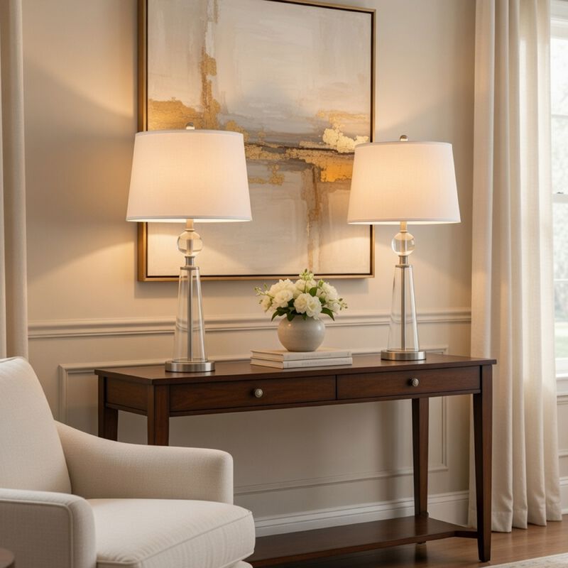 Table Lamp Set of 2, Off White Shade, Taper Glass Base, Brushed Steel image number 1