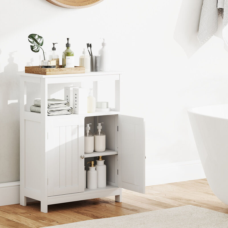 Small Bathroom Floor Cabinet with Open Storage Compartment and Closed Shelves