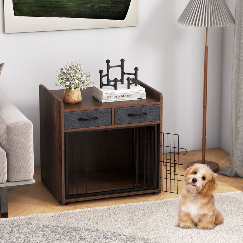 Indoor Dog Crate Furniture with 2 Fabric Drawers and End Table for Pets
