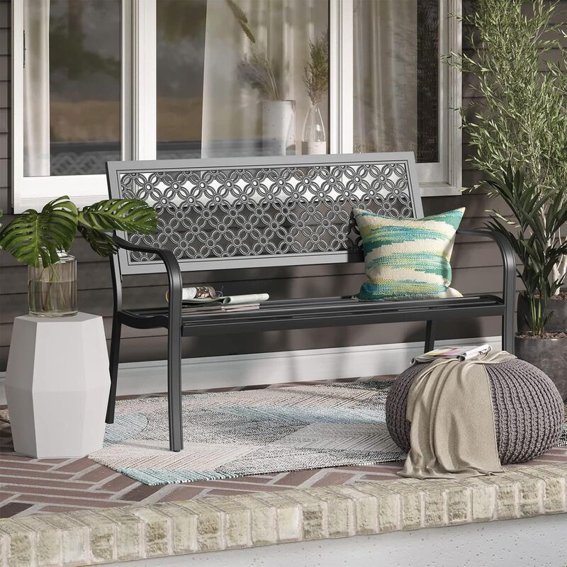 Mondawe All-Iron Park Chair With Floral Backrest,Multi-Layer Rustproof Coating & Adjustable Foot Pad image number 1