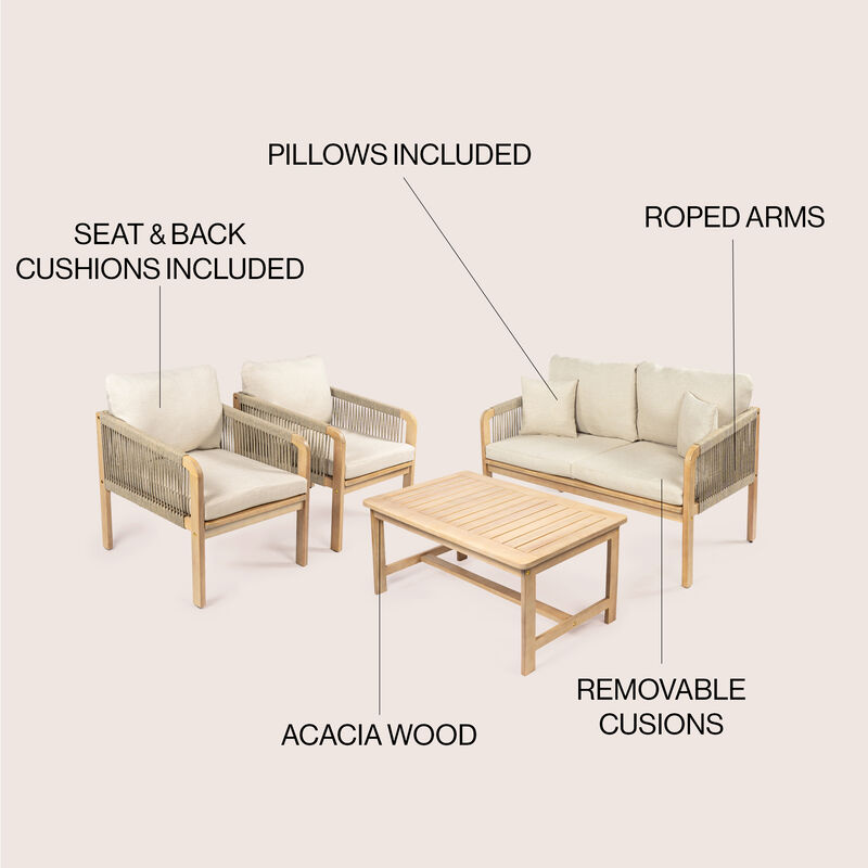 Tavira 4-Piece Modern Bohemian Acacia Wood Outdoor Patio Set with Cushions and Plain Decorative Pillows