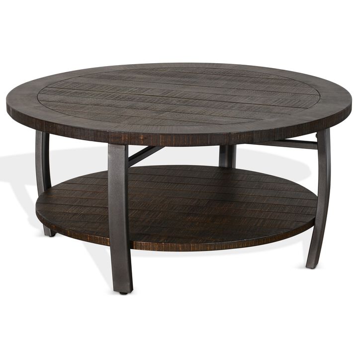 Flint Coffee Table w Shelf, Barrel Shape, 38 Inch Dark Brown Round Top