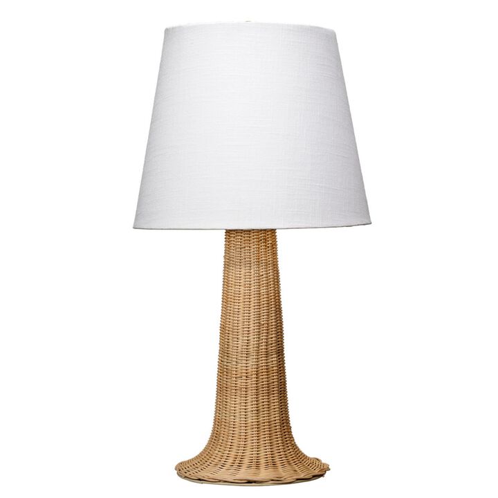 27 Inch Table Lamp, Tree Trunk Base, Tapered Shade, White, Natural Brown  - Benzara
