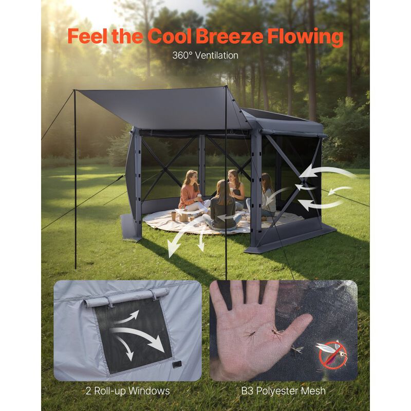6-Sided Pop Up Screen Tent with Removable Canopy for 8-10 People-Grey image number 4